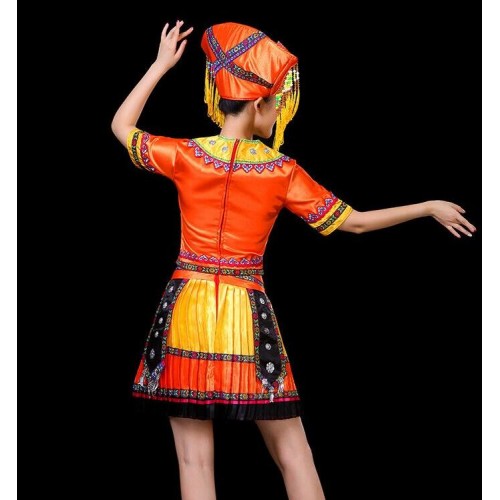 Chinese folk dance dresses for women female orange colored Miao Hmong minority stage performance competition dance costumes 